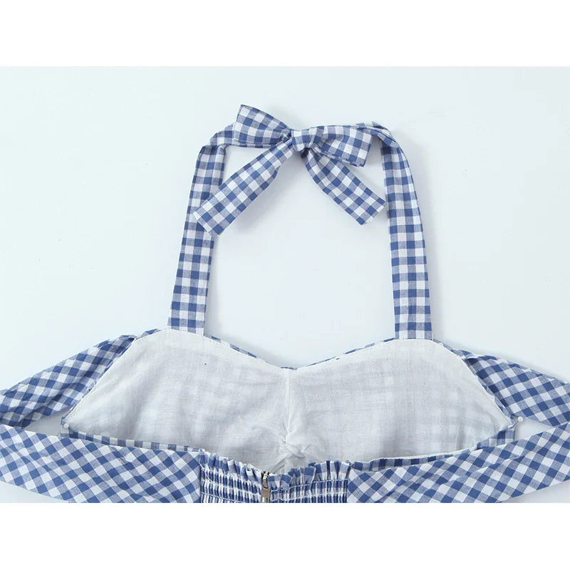 French Retro Slim Fit Halter Plaid Dresses