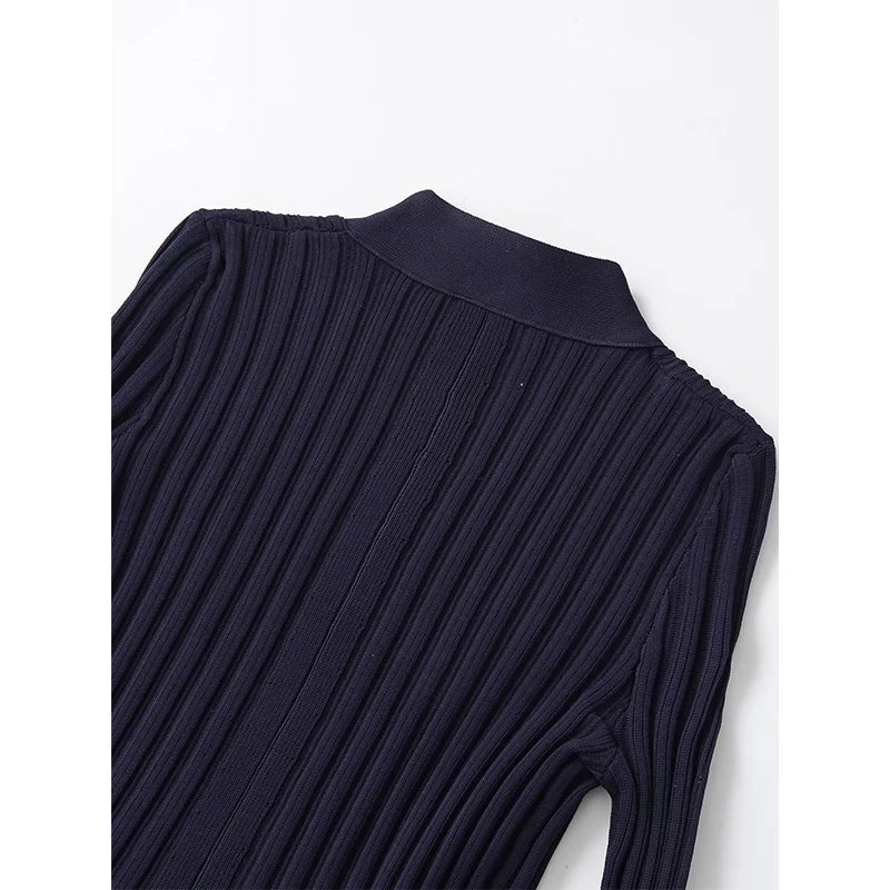 Spring Front Button Bud Navy Blue Knit Mini Dresses Long Sleeve V Neck Chic Outfits