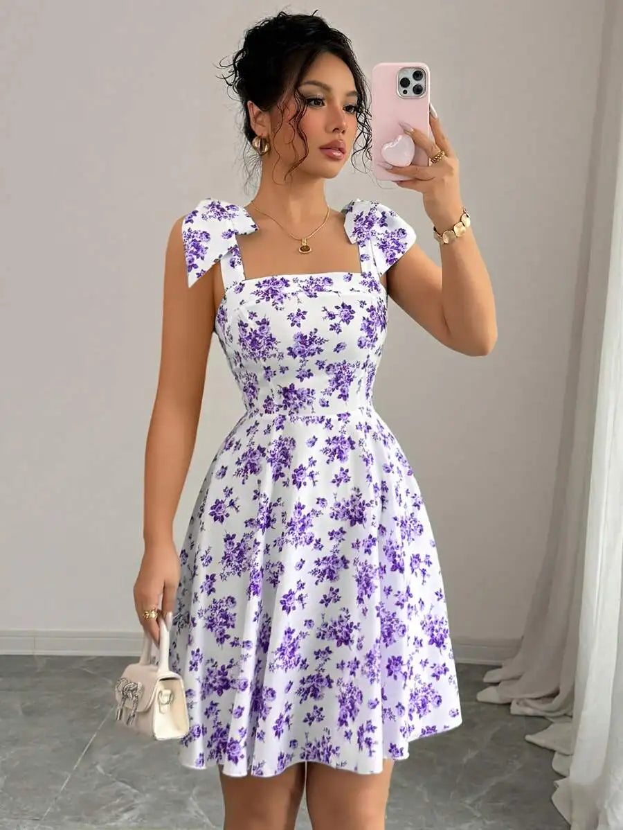 Ditsy Floral Shoulder Tie Bow Waisted A-Line Dresses