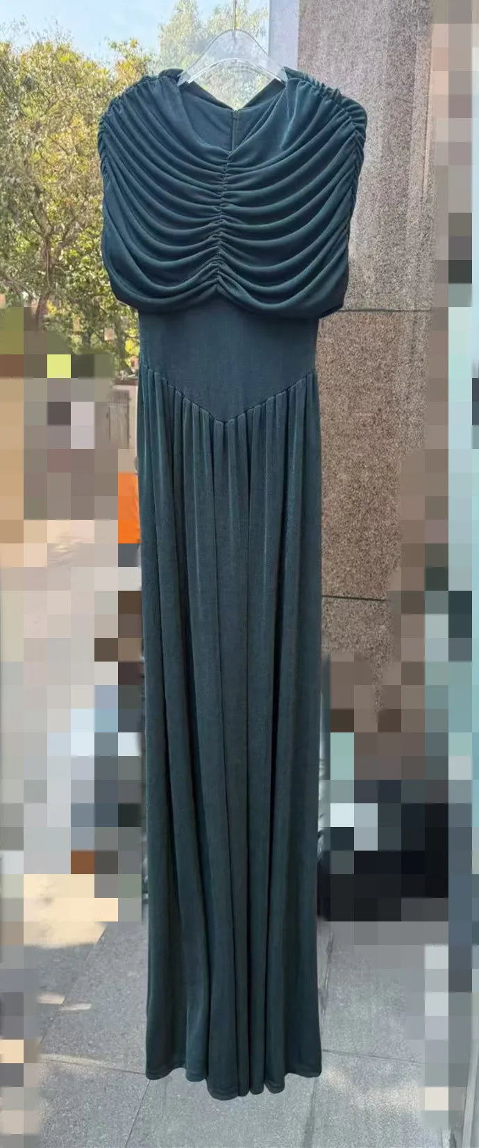 Socialite Style Floor Length V Neck Wrinkles Boat Neck Solid Color Knitting Fitted Dresses Model