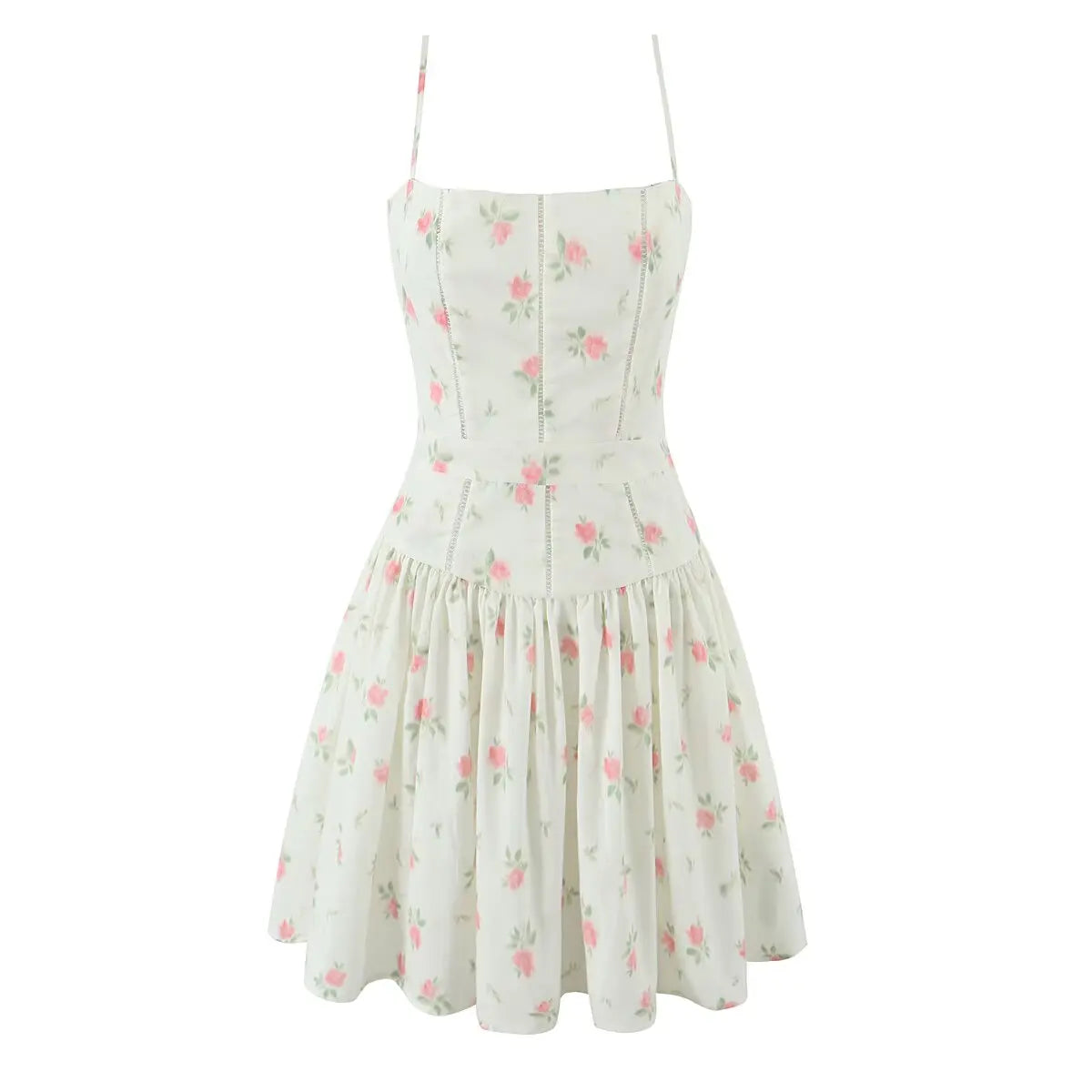 Sexy Spaghetti Straps Floral Print Mini Dresses Low Waist A-line Summer Vacation Party Robe