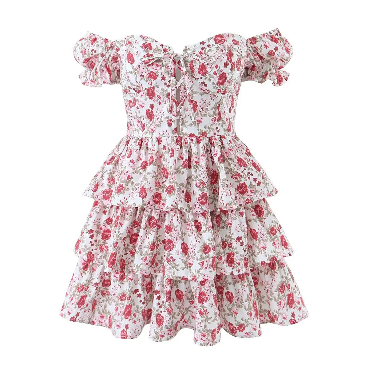 Sexy Off Shoulder Floral Print Cake Party Mini Dresses Short Sleeve Layered Holiday Summer Dresses