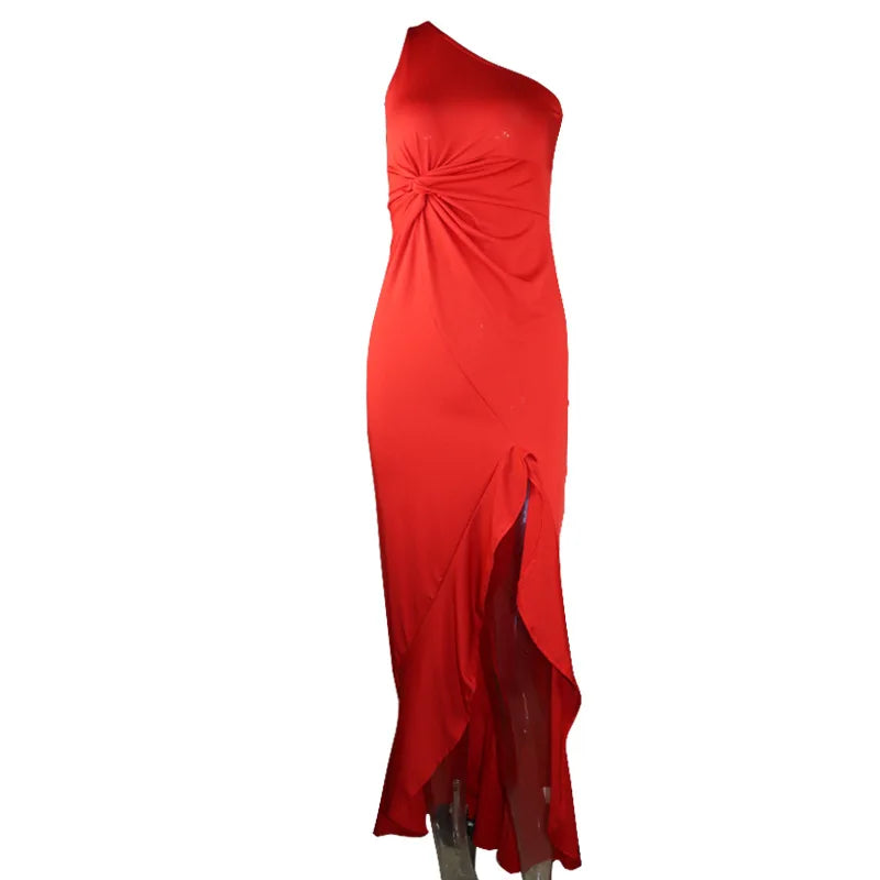 Temperament Slant Neck Sleeveless Ruffle Edge Slit Dresses