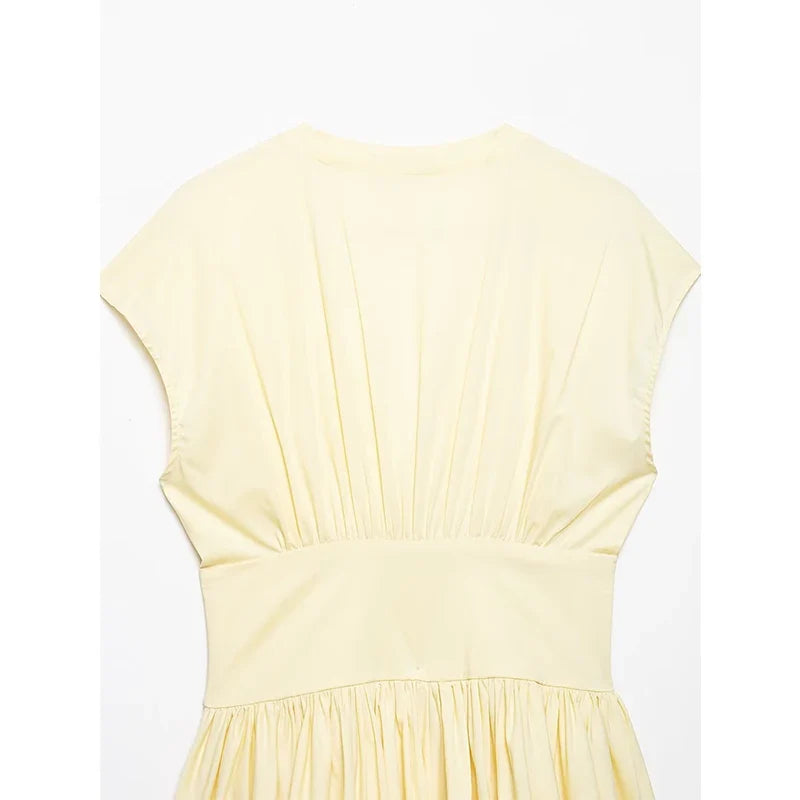Short Sleeve Deep V Neck Pleated A-line Mini Dresses