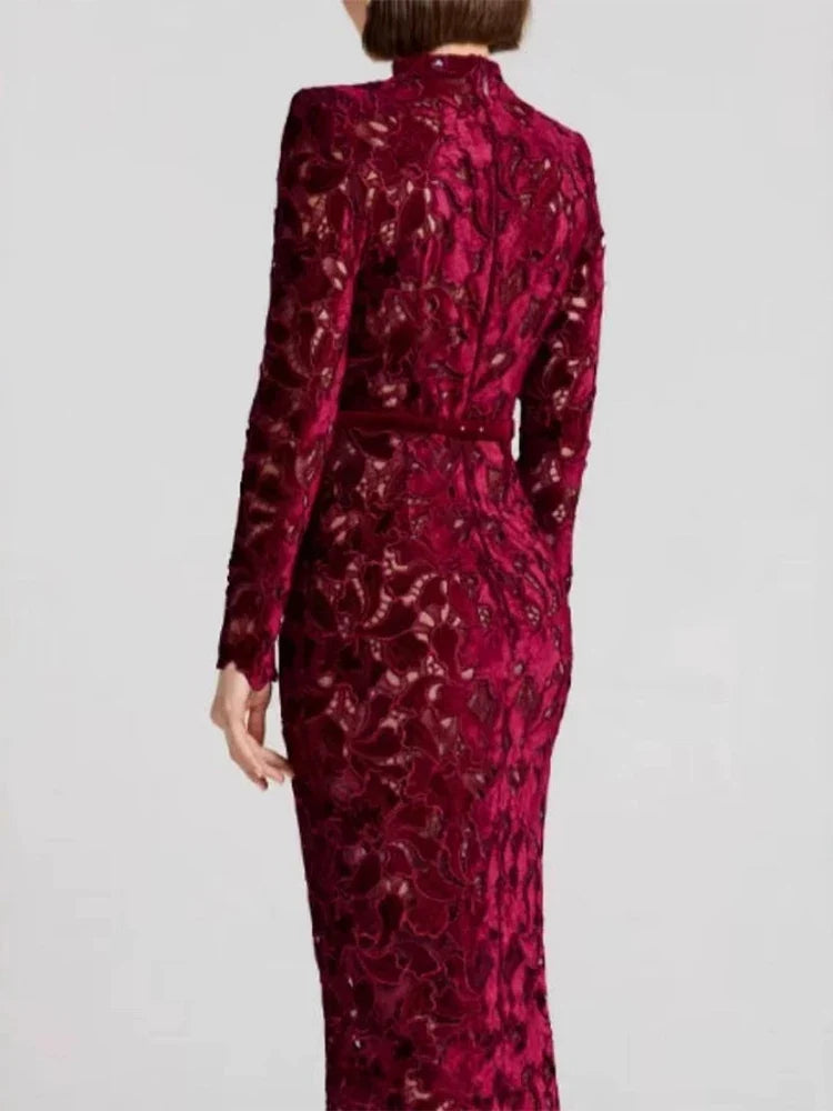 Jacquard Wrap Hip A-line Dresses Ladies O-neck Long Sleeved Slim Fit Party Dresses