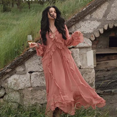 Cascade Ruffles Lace Up V Neck Chiffon Long Dresses Full Sleeve A-line Holiday Autumn Dresses