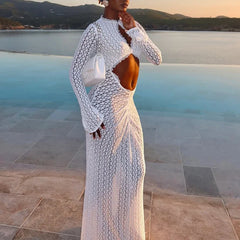 Seaside Beach Hollow Out Long Sleeved Woman Dresses