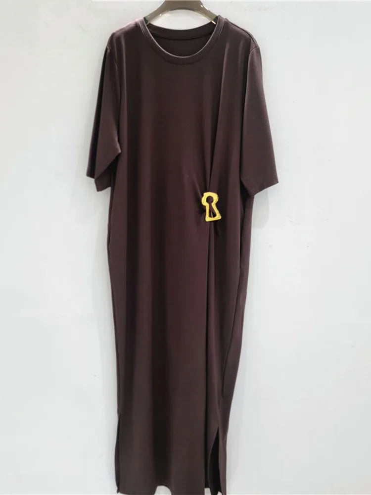 French Style Niche Metal Buckle Design Pleated Waist Short Sleeves Loose Casual Solid Color Dresses Summer