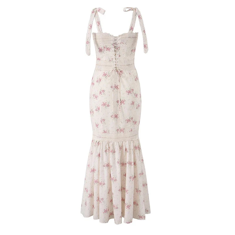 French Style Floral Print Long Mermaid Dresses