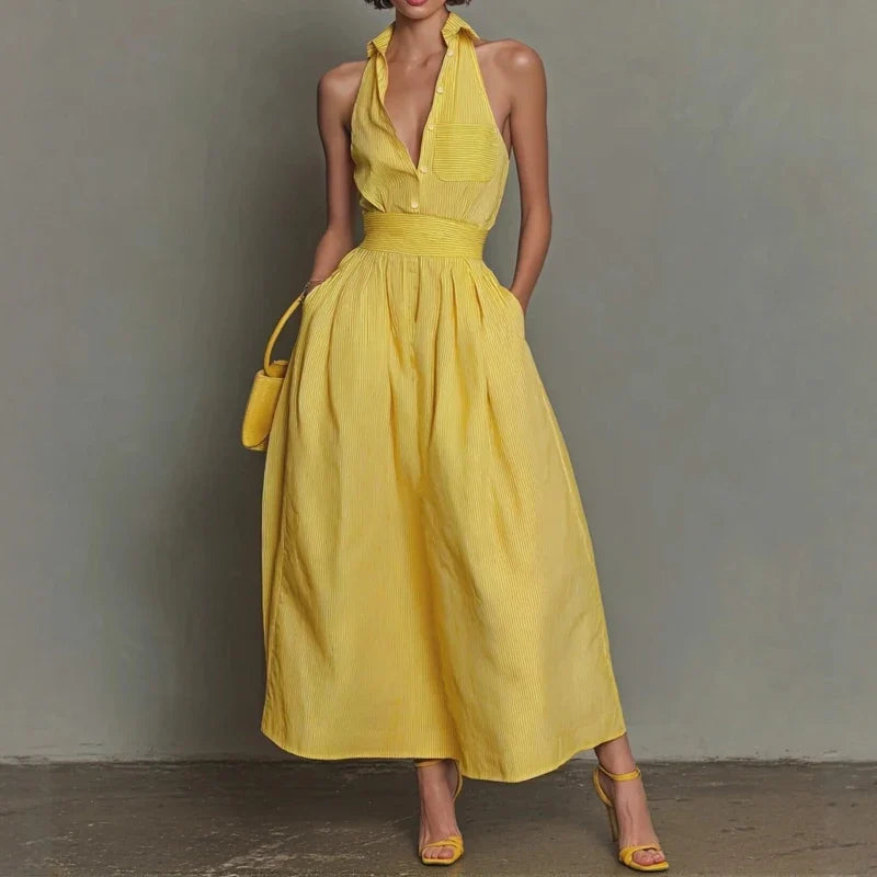 High Waist Swing Holiday Party Dresses Office Sexy Sleeveless Yellow Long Dresses