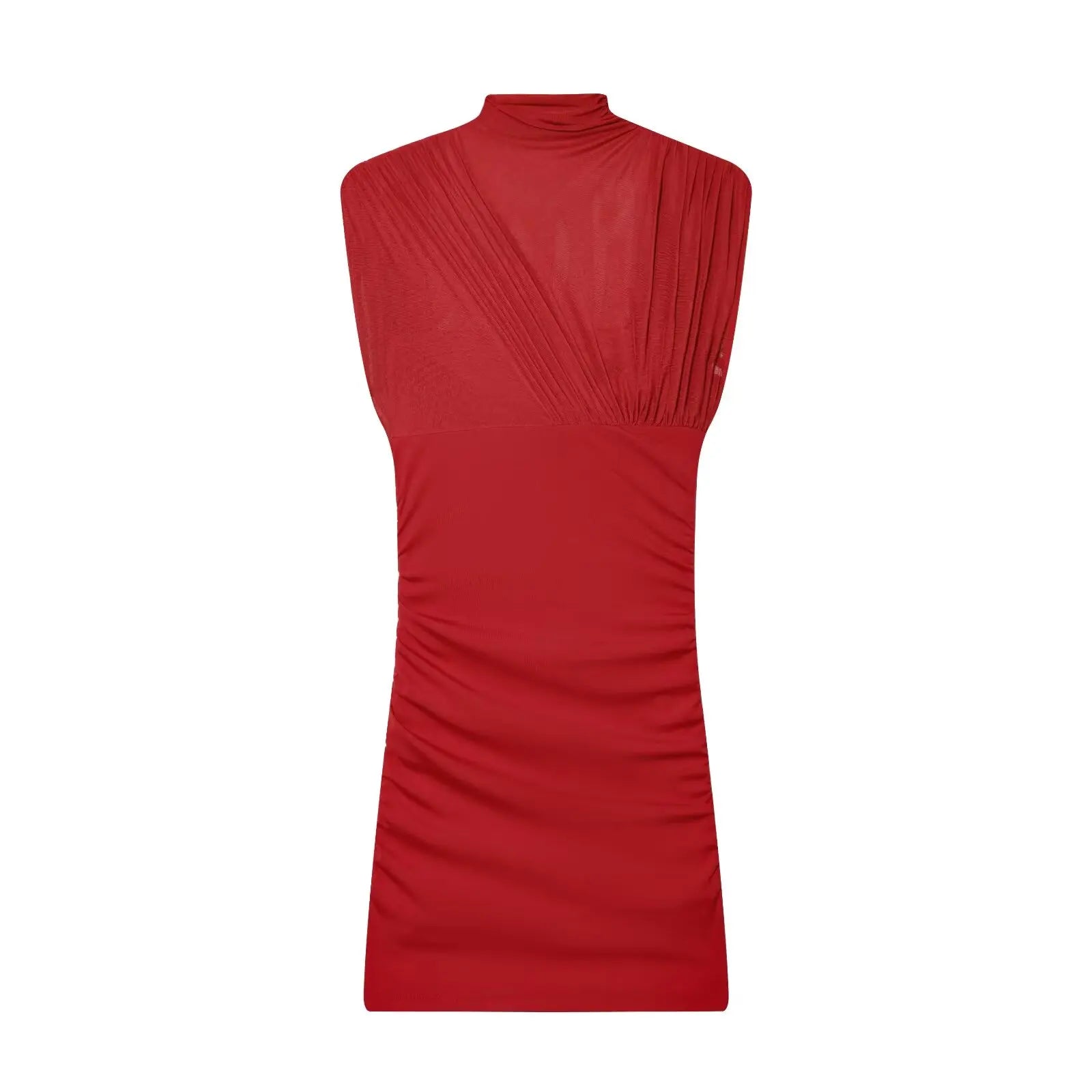 High-Neck Sleeveless Ruched Sheer Red Mini Dresses