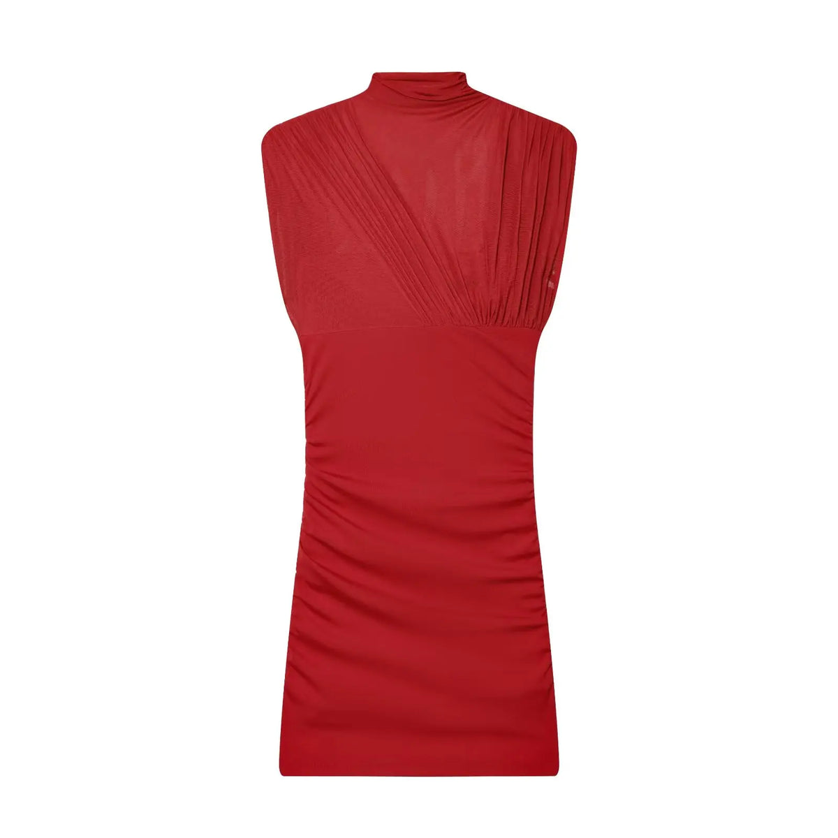 High-Neck Sleeveless Ruched Sheer Red Mini Dresses