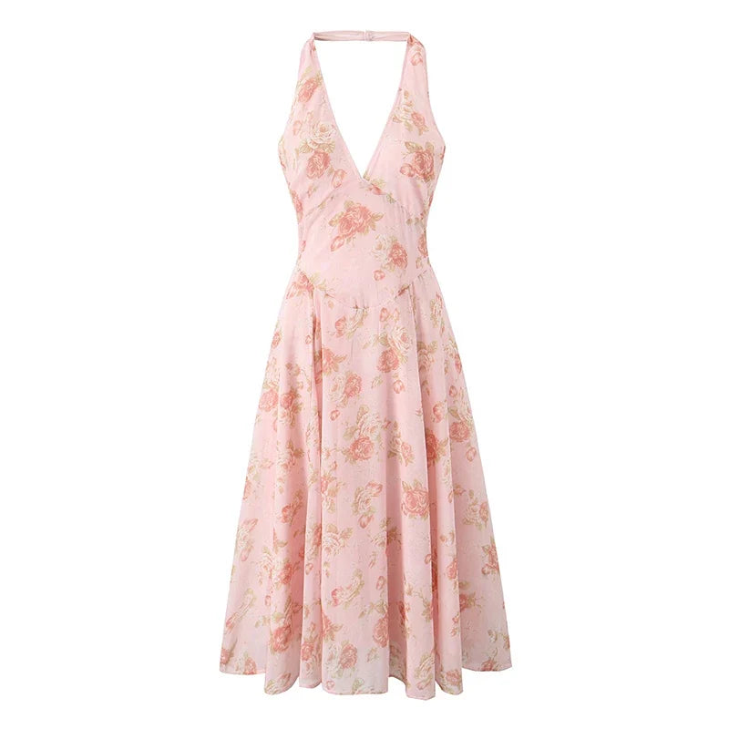 Sexy Backless Floral Print Halter Holiday Dresses