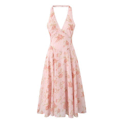 Sexy Backless Floral Print Halter Holiday Dresses