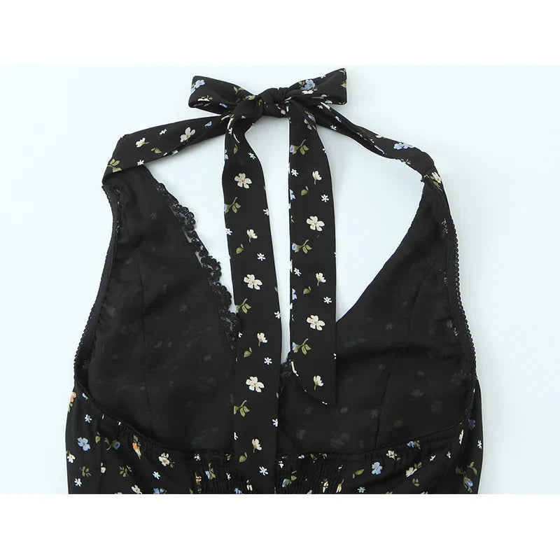 Summer Black Floral Halter Dresses