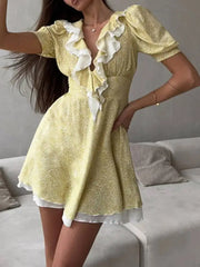 Sweet Printed Ruffled V-neck Bubble Sleeve Waist Cinched Mini A-line Dresses