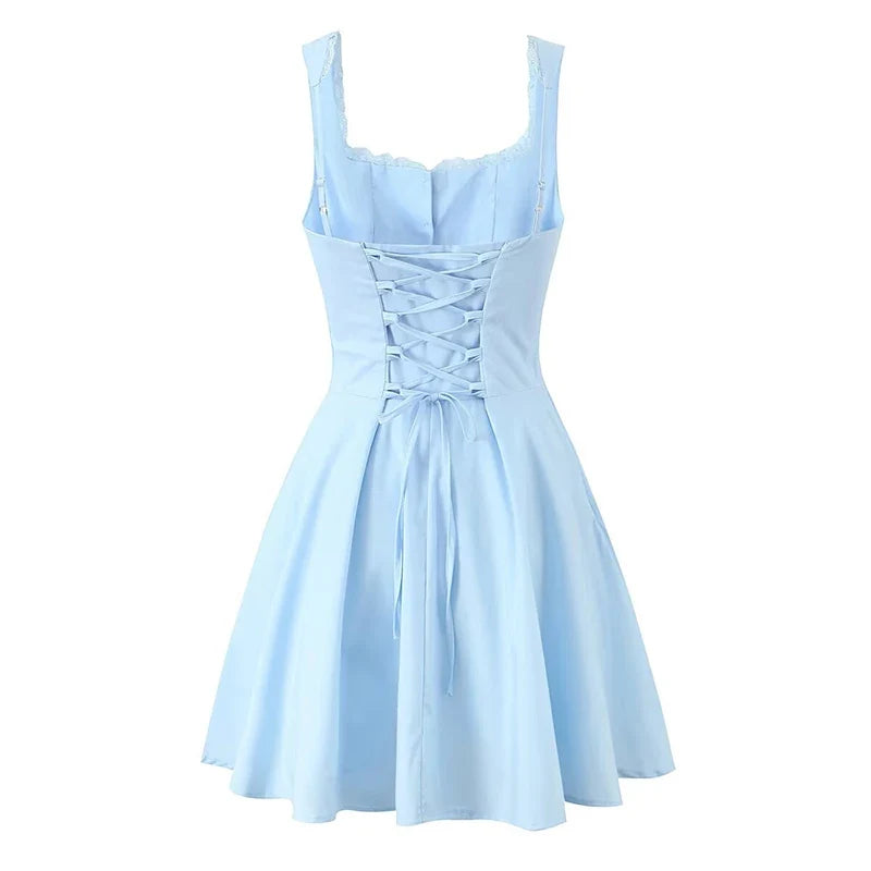 Blue Elegant Party Mini Dresses Sexy Sleeveless Low Waist A-line Summer Dresses