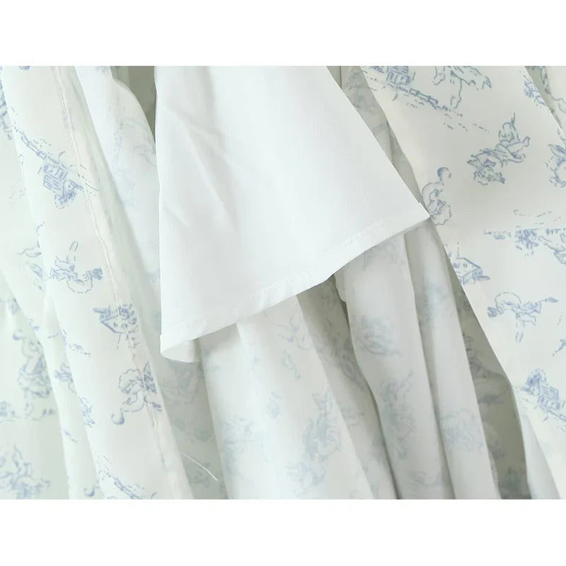 French Sweet Princess Floral Print Vacation Party Dresses Front Lace Up Puff Sleeve A-line Midi Summer Dress
