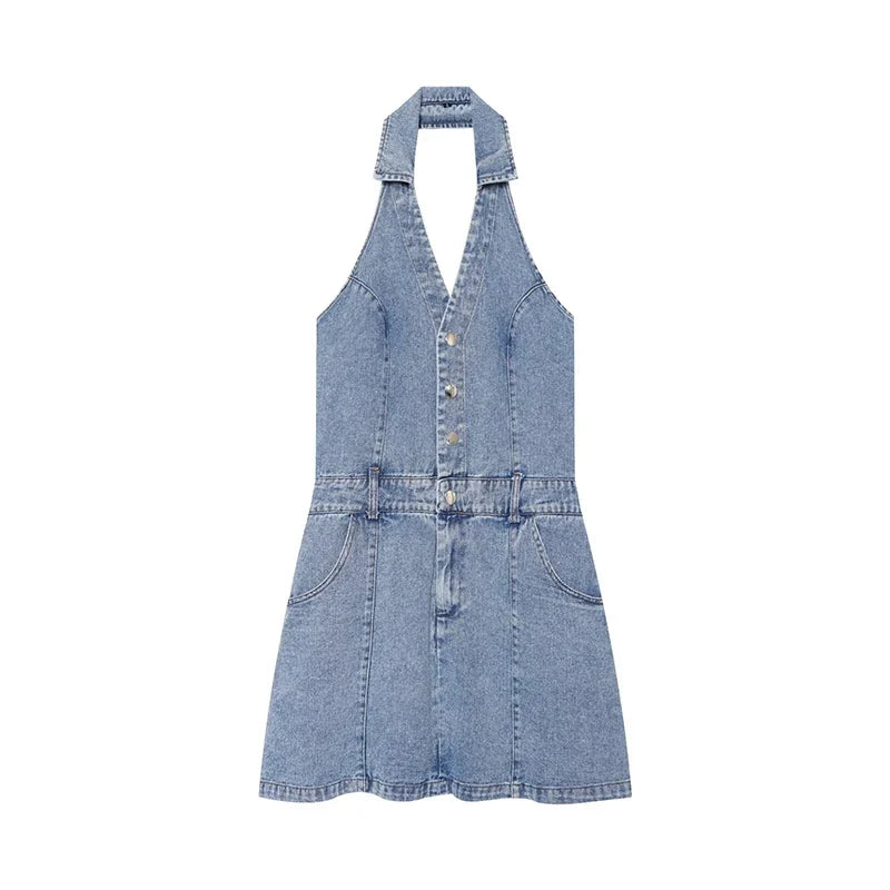 Light Blue Denim Halter Mini Dresses