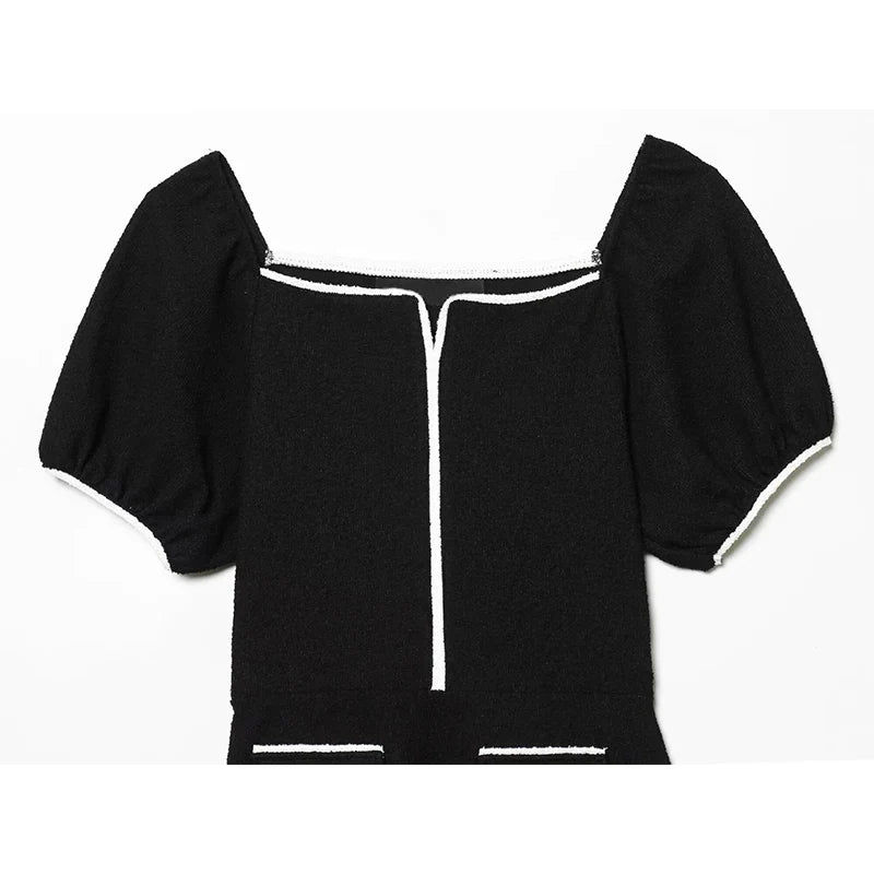 Vintage Puff Sleeve A-line Short Black Dresses Female Vestidos