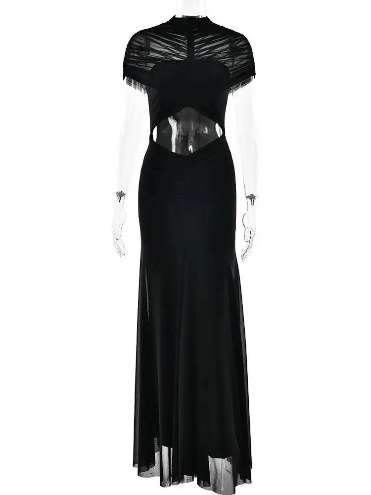 Fashionable Round Neck Patchwork Pleated Waist Exposed Navel Dresses
