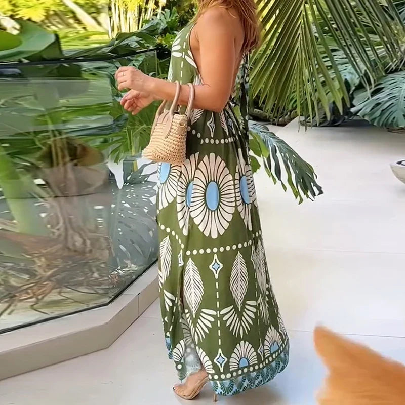 Green Pattern Print Bohemian Dresses