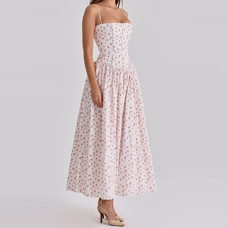 Sexy Backless High Waist Long Dresses Floral Print Camisole Summer Dresses