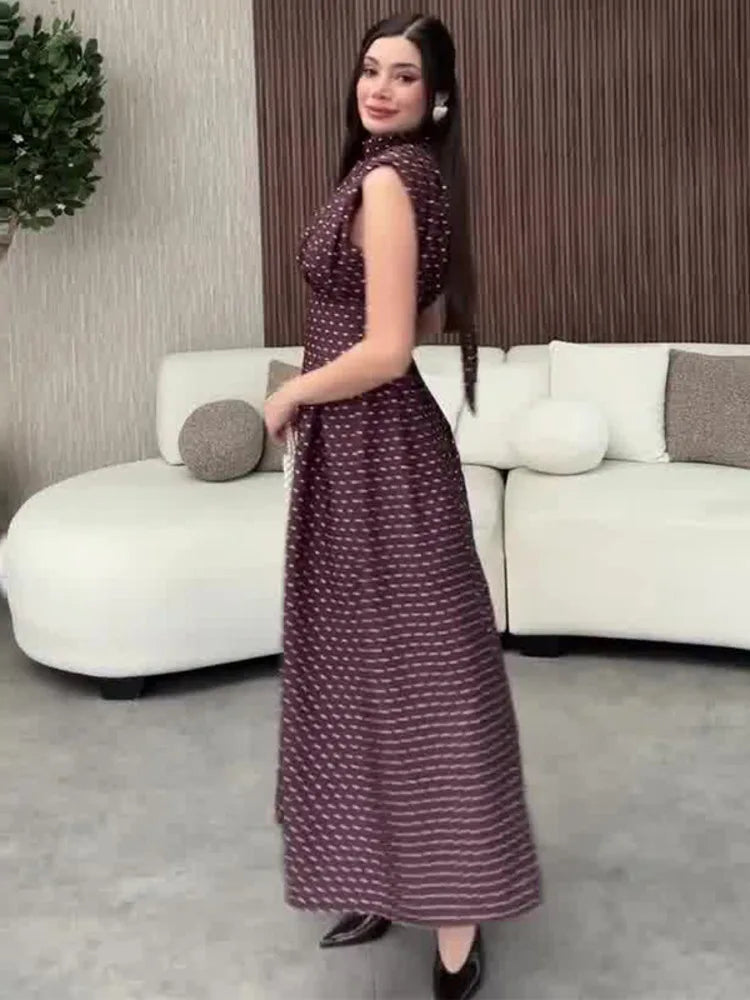 Office Lady Wave Point Stand Up Collar Bandage Sleeveless Waist Cinched Dresses