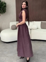 Office Lady Wave Point Stand Up Collar Bandage Sleeveless Waist Cinched Dresses