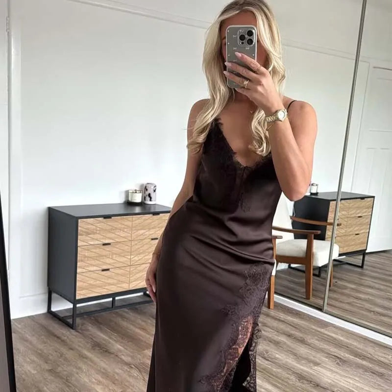 Lace Trim Long Satin Sling Dresses