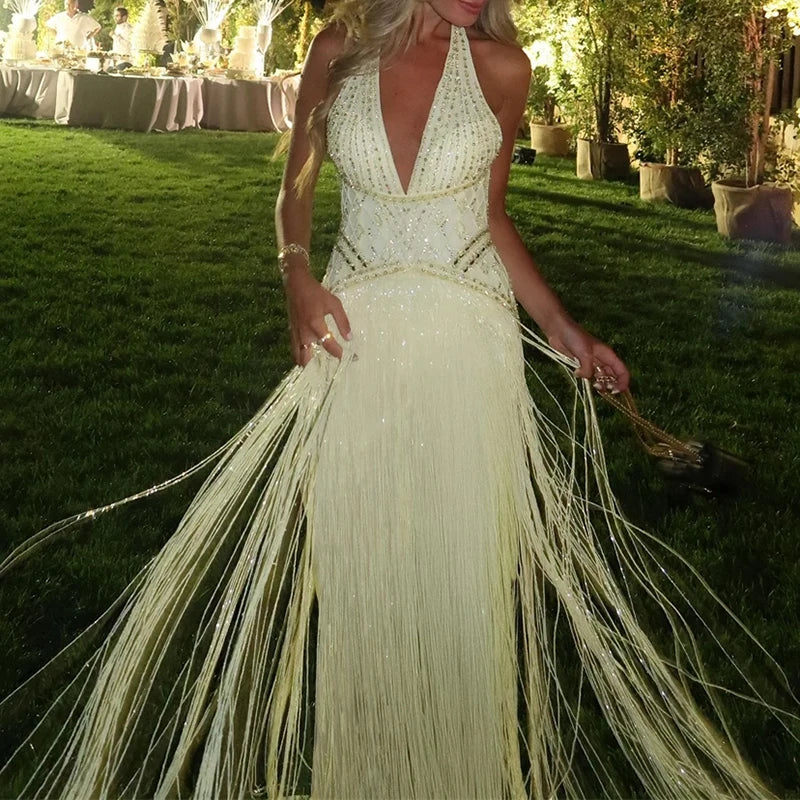 Sexy Backless Hollow Out Party Dresses Sexy Halter Deep V High Waisted Evening Dresses