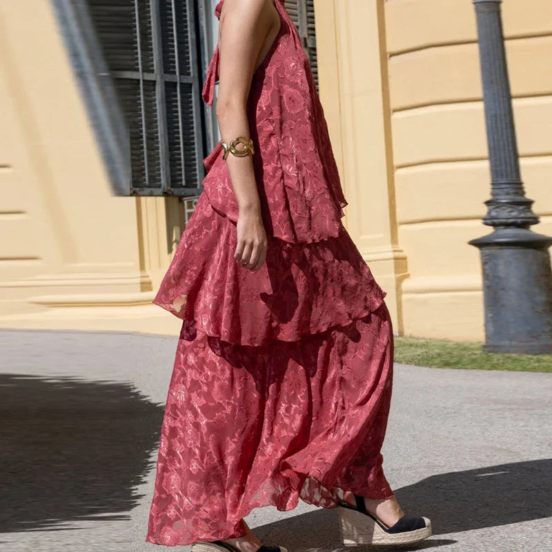 Red Printed Sleeveless Cake Long Dresses