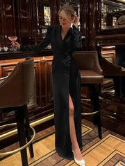 Temperament V-neck Long Sleeved High Waisted Slit Dresses