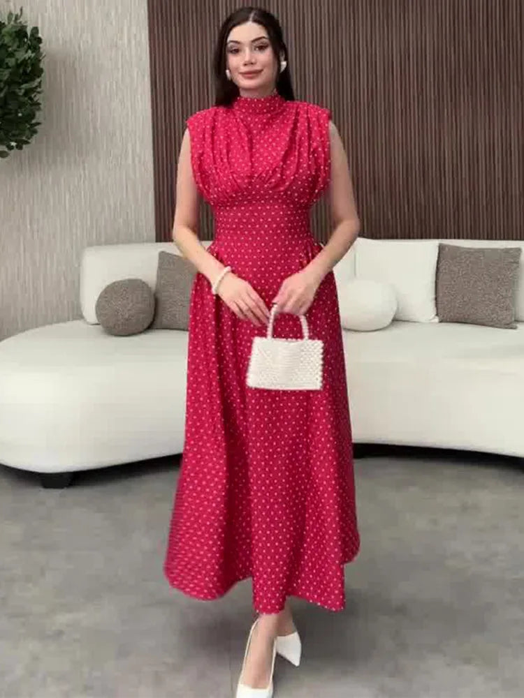 Office Lady Wave Point Stand Up Collar Bandage Sleeveless Waist Cinched Dresses