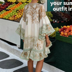 Vacation Style Pattern Printed Flare Sleeve Dresses