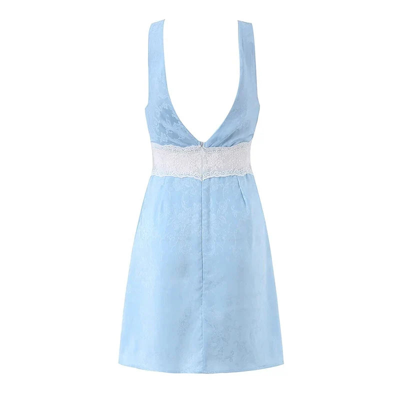 Summer Blue Lace Trim Cutout Mini Dresses