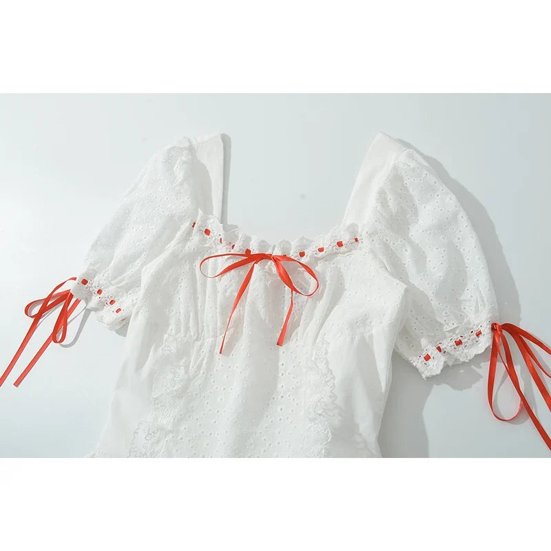 Hollow Out Embroidery Floral White Dresses