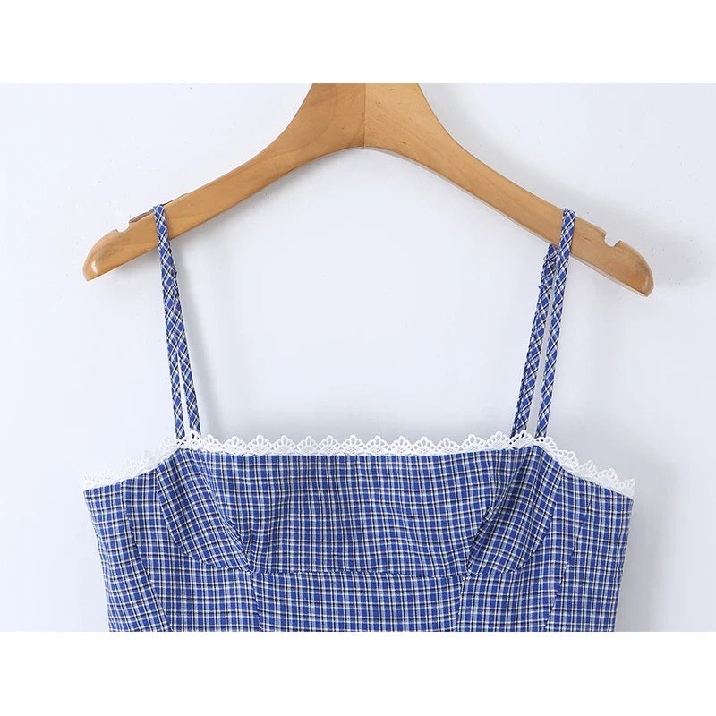 Sexy Cute Girls Blue Plaid Tiered Lace Trim Mini Dresses