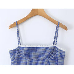 Sexy Cute Girls Blue Plaid Tiered Lace Trim Mini Dresses