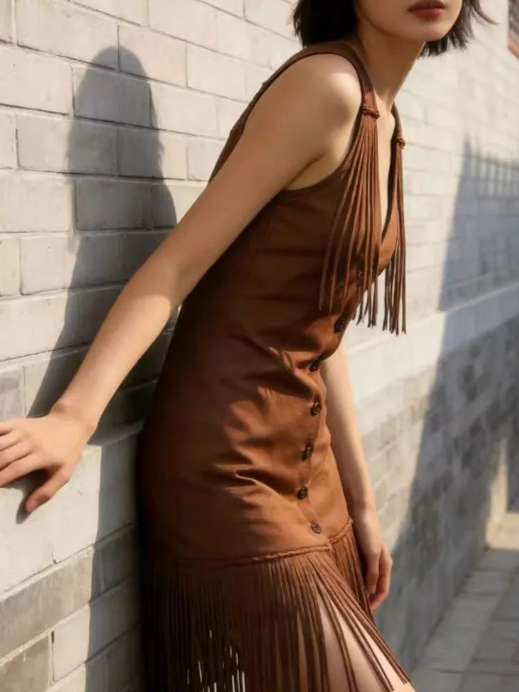 Western Style Tassel Button Suede Sexy Slim Party Mini Dresses