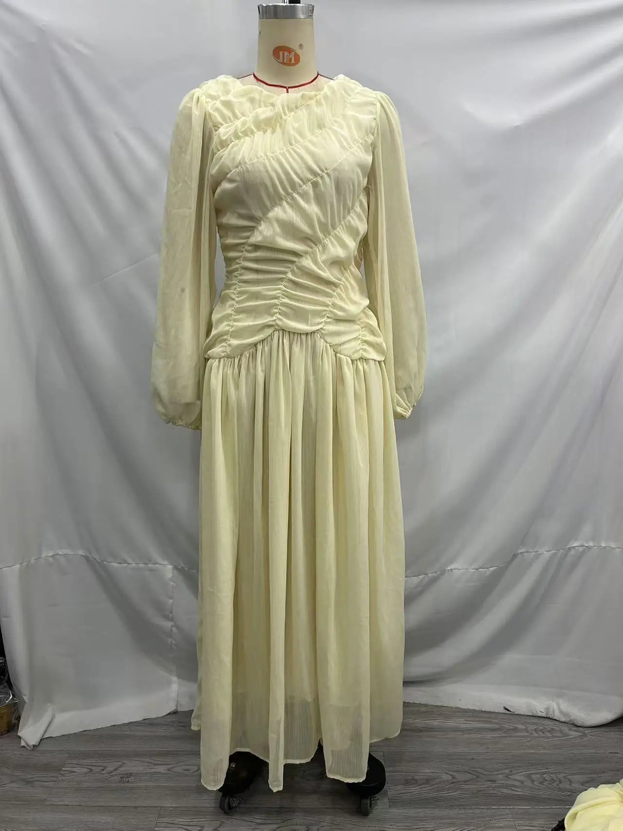 Autumn Summer Pleated Pullover Elegant Ruched Waist Glass Sand Long Sleeve Dress