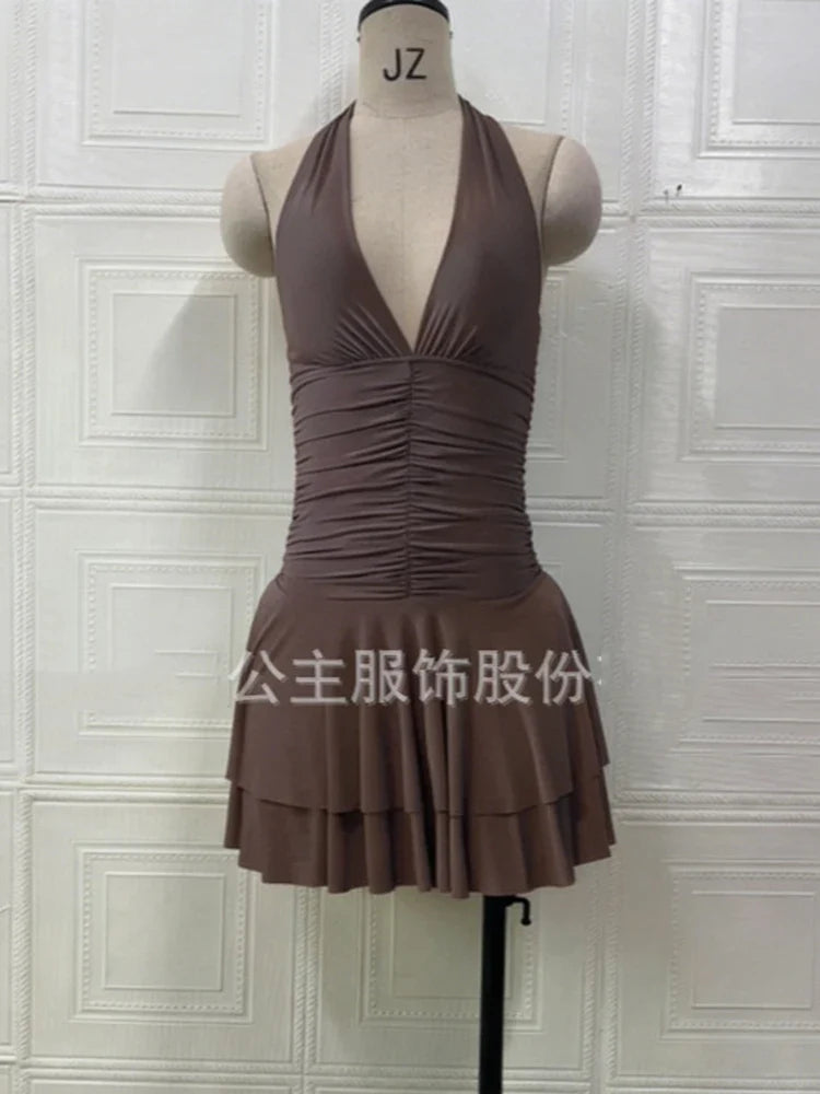 Summer Deep V Sexy Halter Neck Backless Pleated Hem Mini Slim Dresses For Women