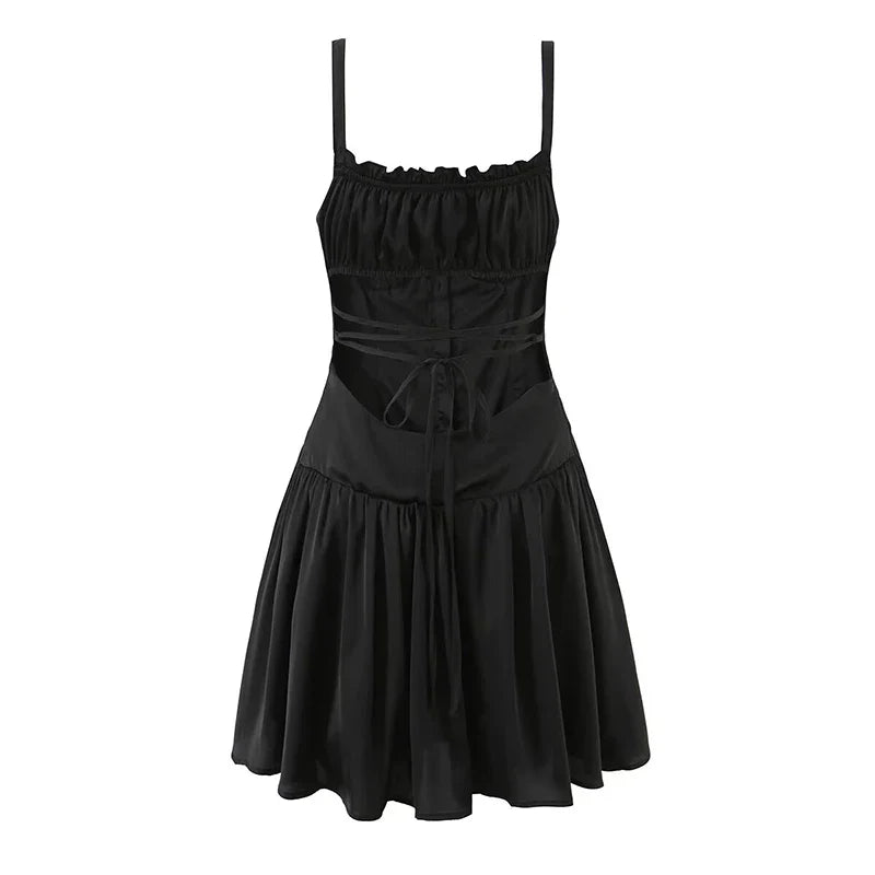 Sexy Girls Backless Bandage Sling Mini Summer Dresses Beige Black A-line Beach Vacation Dresses