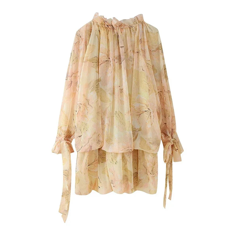 Spring Floral Print Short Dresses Lace Up Ruffle O Neck Long Sleeve Holiday Summer Dresses
