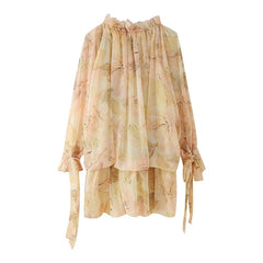 Spring Floral Print Short Dresses Lace Up Ruffle O Neck Long Sleeve Holiday Summer Dresses