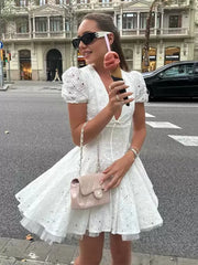 Summer Hollow Out Embroidery Slim White Mini Dresses