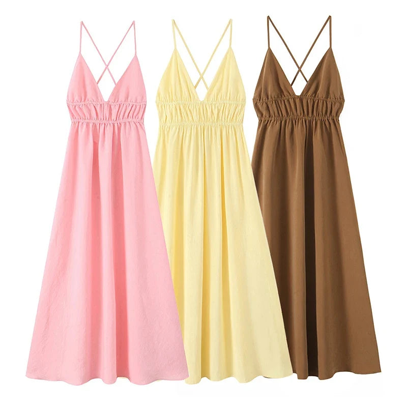 Sexy Spaghetti Straps Backless Flowy Midi Dresses