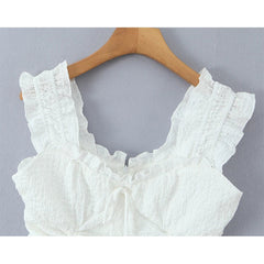 Summer French Style White Textured Ruched Tie Waist Mini Dresses