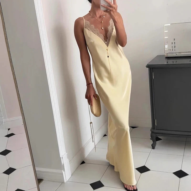 V-neck Lace Spliced Satin Maxi Dresses