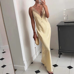 V-neck Lace Spliced Satin Maxi Dresses